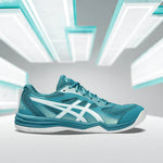 Asics Upcourt 5 Badminton Shoes (Blue Teal/White) | Lightweight Mesh Court Shoes for Stability & Speed.