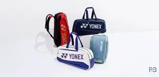 "Yonex badminton kitbags in 3, 6, 9, and 12 racket sizes displayed side by side"