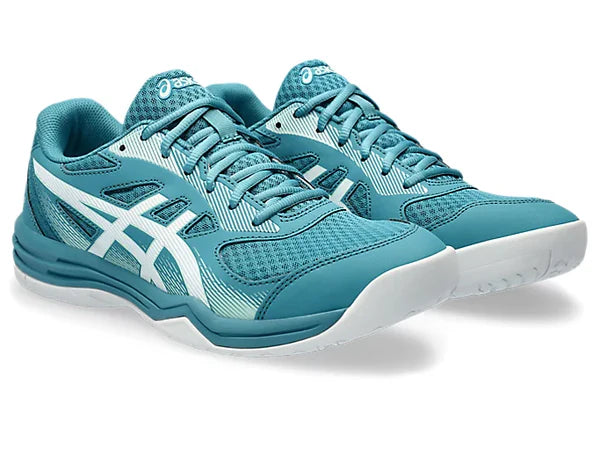 Asics Upcourt 5 Badminton Shoes (Blue Teal/White) | Lightweight Mesh Court Shoes for Stability & Speed.