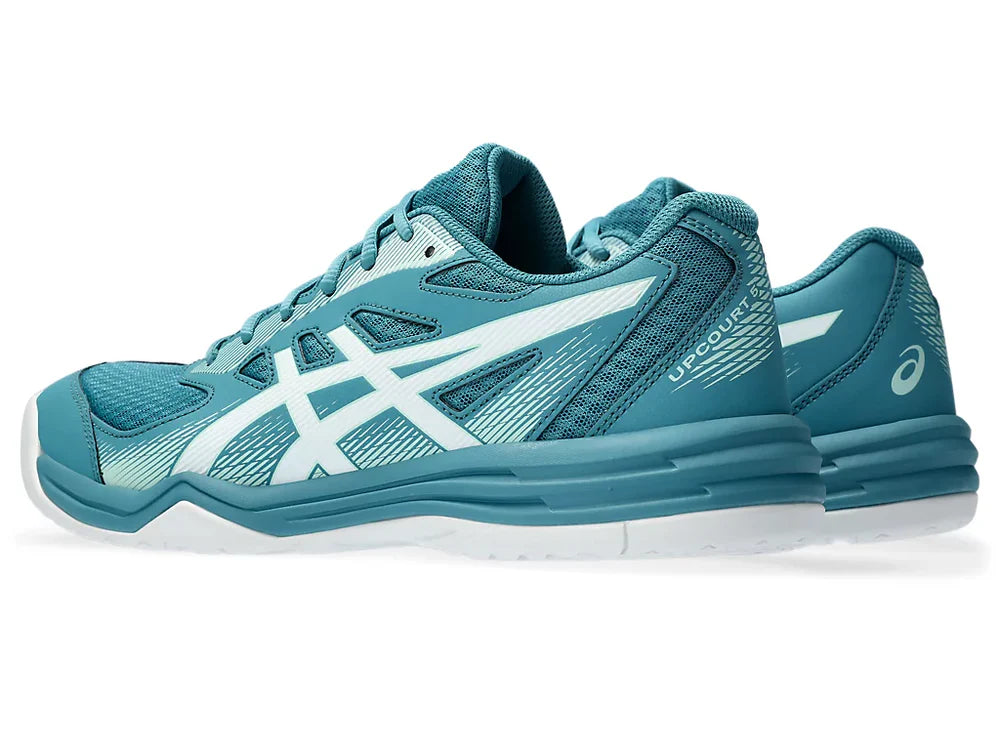 Asics Upcourt 5 Badminton Shoes (Blue Teal/White) | Lightweight Mesh Court Shoes for Stability & Speed.