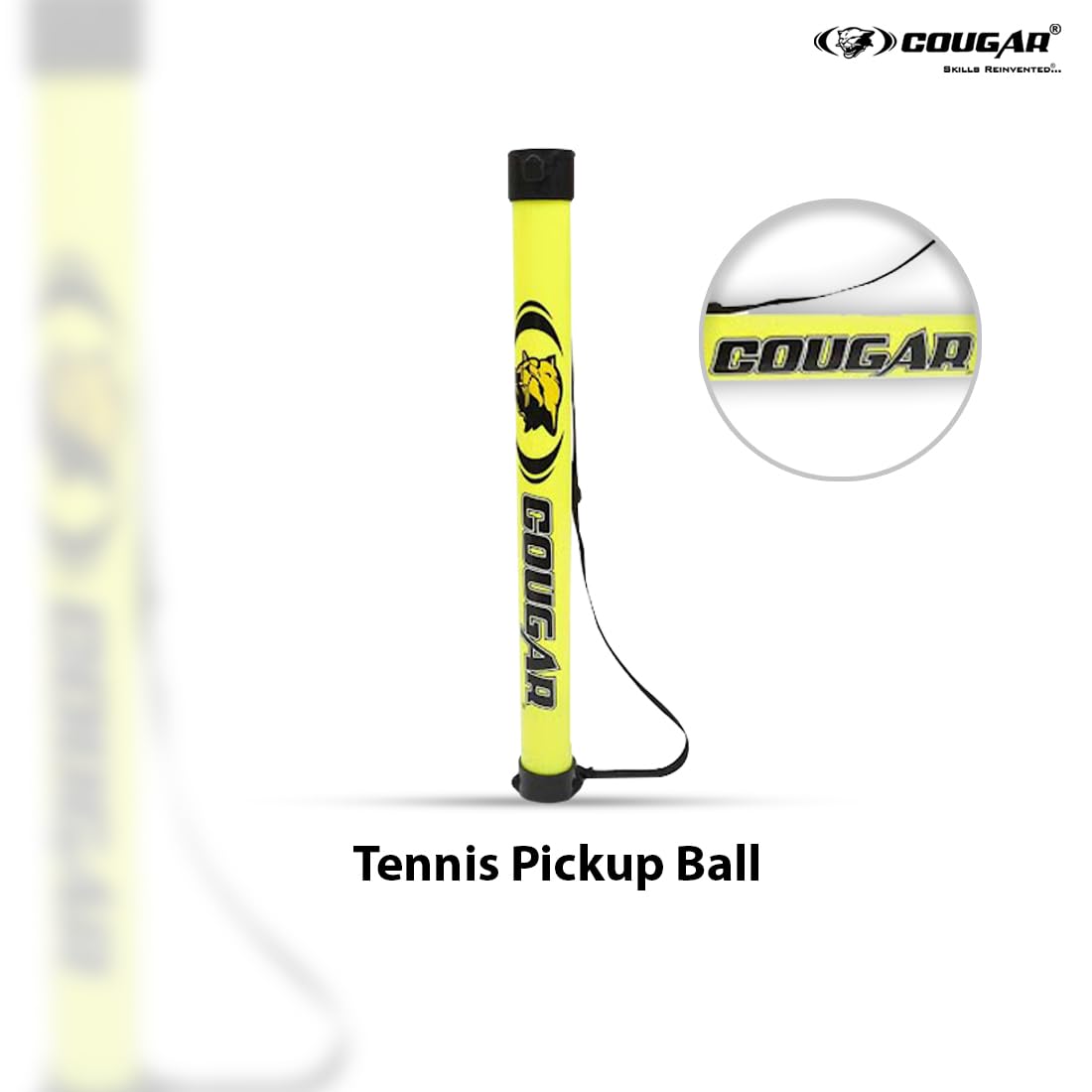 Lightweight Cougar tennis ball retriever tube collecting tennis balls on court with quick release PVC design