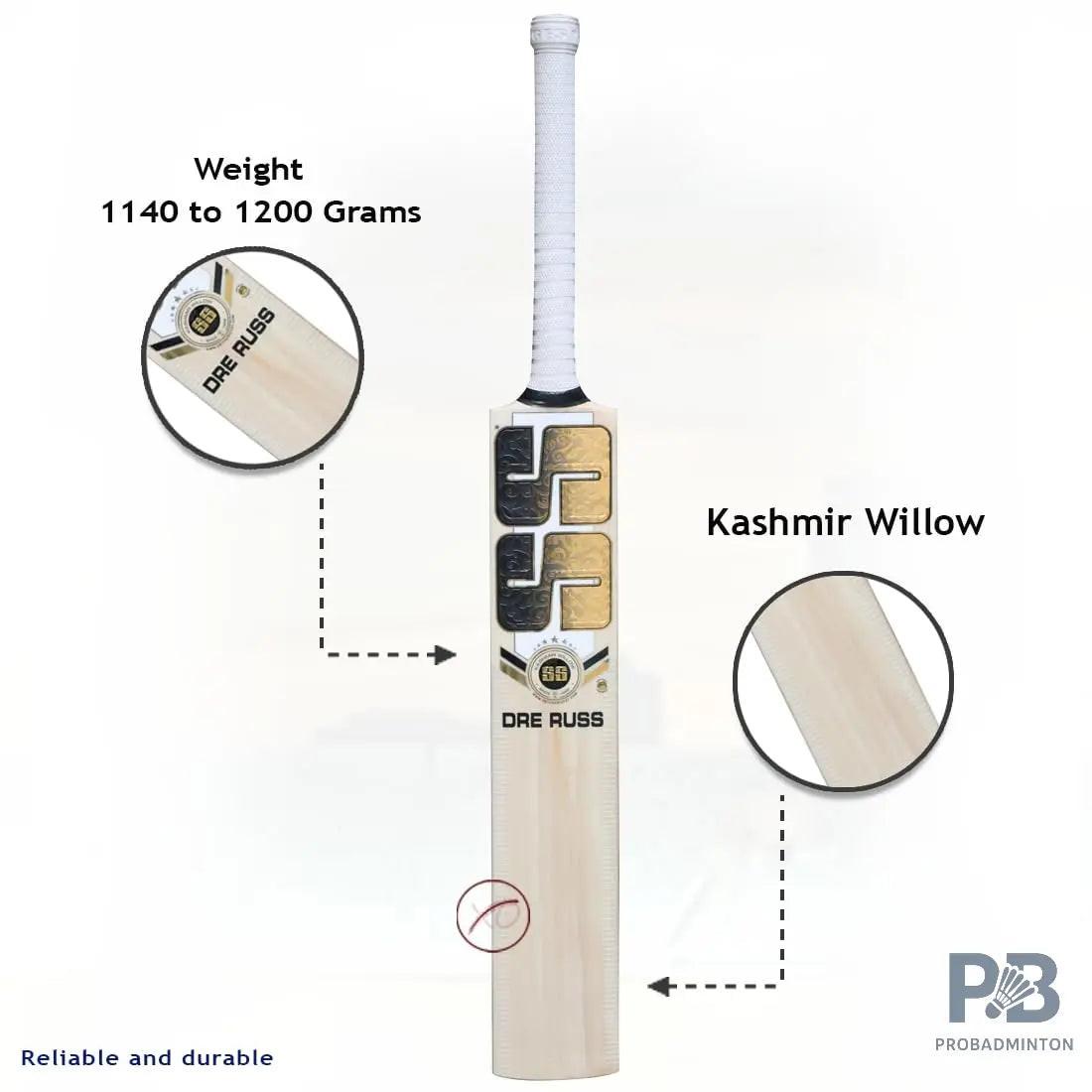 SS DRE Russ Kashmir Willow Bat – Short Handle Premium Handcrafted Cricket Bat for Power & Control | Lightweight & Durable.