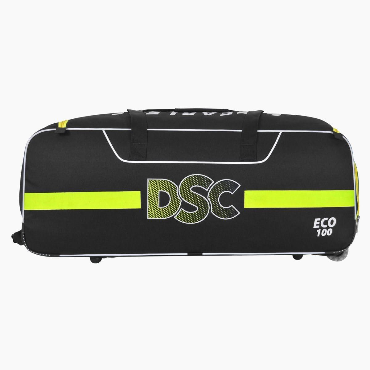 DSC Eco 100 Wheelie Cricket Kit Bag – 70L, Durable, Integrated Shoe Pocket, Black.
