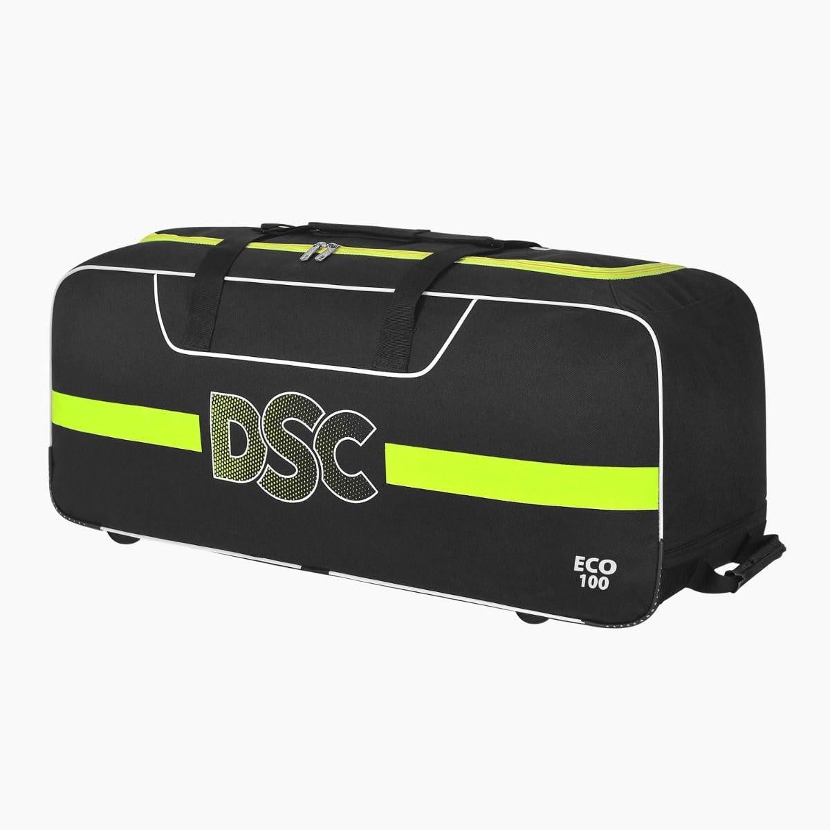 DSC Eco 100 Wheelie Cricket Kit Bag – 70L, Durable, Integrated Shoe Pocket, Black.