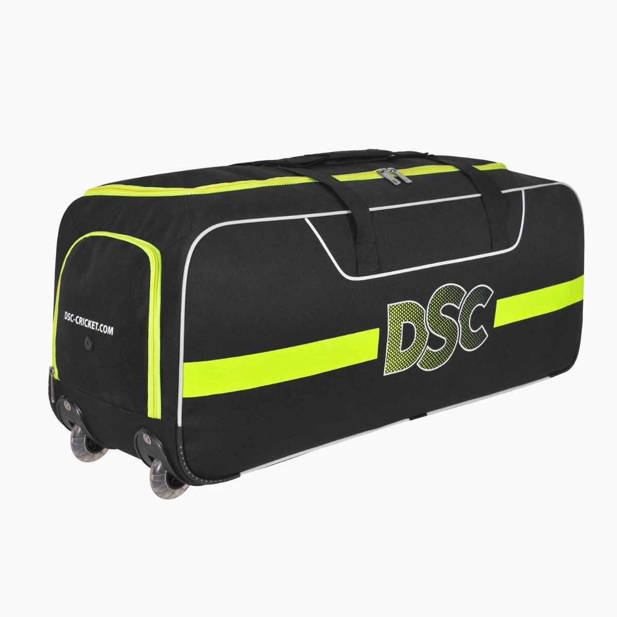 DSC Eco 100 Wheelie Cricket Kit Bag – 70L, Durable, Integrated Shoe Pocket, Black.