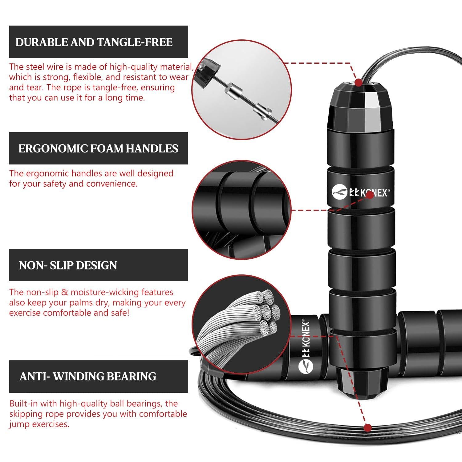 Konex CLS 826 Adjustable Skipping Rope – PVC Jump Rope with Foam Handles for Men & Women | Fitness, Home & Gym Workouts | probadminton.in.