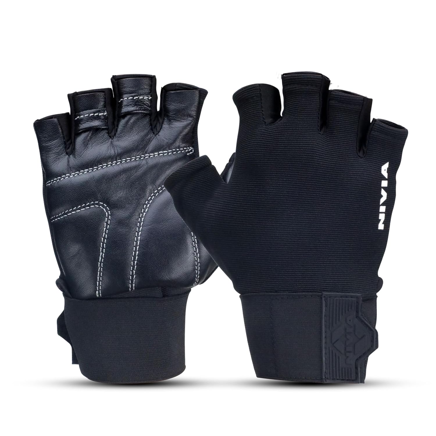 Nivia Scorpion anti-slip gym gloves with genuine leather palm, adjustable wrist strap, and breathable neoprene back, ideal for men and women weightlifting and cross training workouts.

