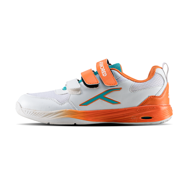 Hundred Court Champions Badminton Shoe | White/Orange/Sea Blue.
