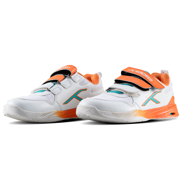 Hundred Court Champions Badminton Shoe | White/Orange/Sea Blue.