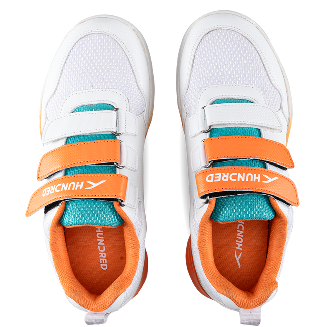 Hundred Court Champions Badminton Shoe | White/Orange/Sea Blue.