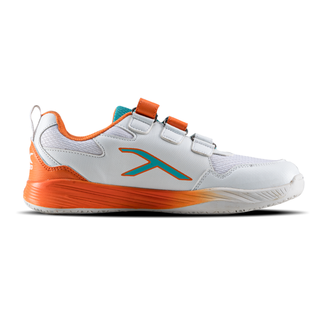 Hundred Court Champions Badminton Shoe | White/Orange/Sea Blue.