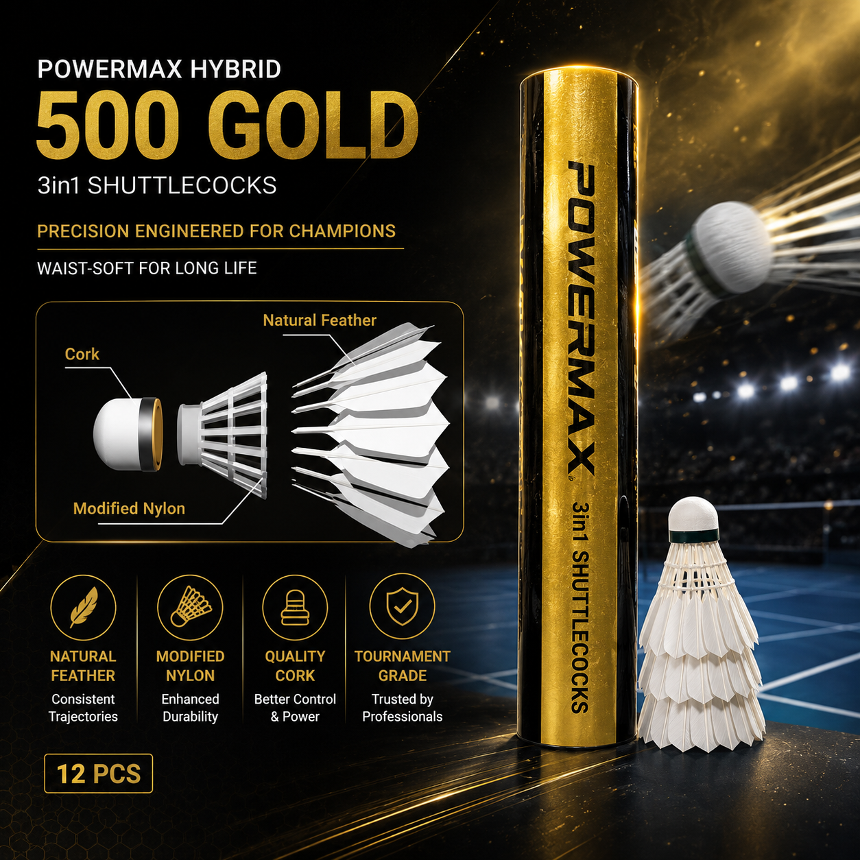 Powermax Hybrid 500 Gold – Premium Hybrid Badminton String for Power & Control | Probadminton