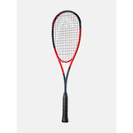 Black and red squash racket on a light gray background