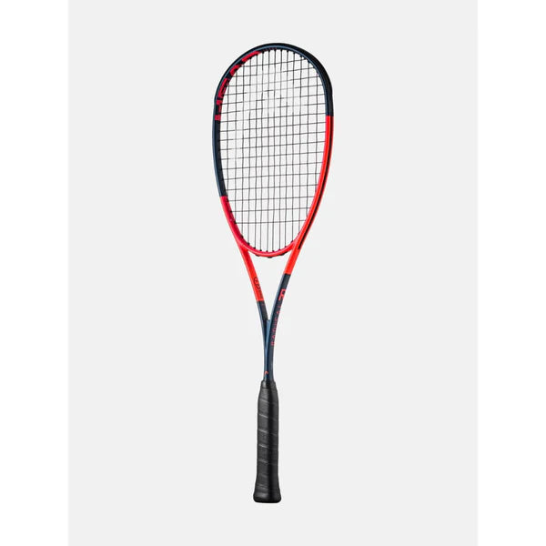 Black and red squash racket on a light gray background