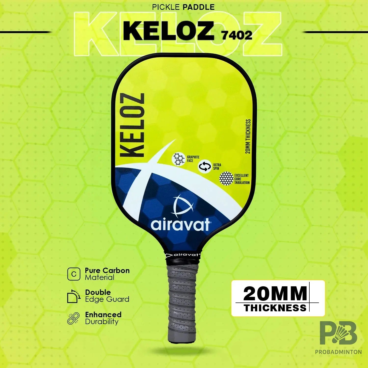 Airavat Keloz 7402 Pickleball Paddle – Carbon Graphite Paddle Ball in India | Best Pickleball Paddles India for Beginners (Black, Cyan, Lime Green).