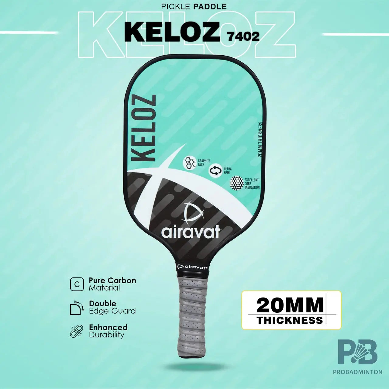 Airavat Keloz 7402 Pickleball Paddle – Carbon Graphite Paddle Ball in India | Best Pickleball Paddles India for Beginners (Black, Cyan, Lime Green).