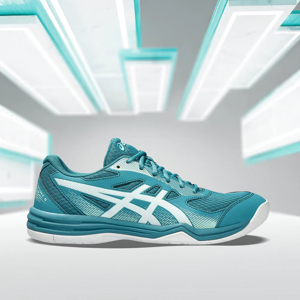 Asics Upcourt 5 Badminton Shoes (Blue Teal/White) | Lightweight Mesh Court Shoes for Stability & Speed.