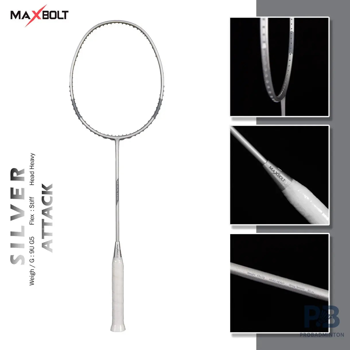 MAXBOLT Silver Badminton Racket – 63g Ultra-Lightweight, 30 lbs Tension, Attack Playstyle – Premium Power Racket | ProBadminton.in.