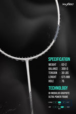MAXBOLT Silver Badminton Racket – 63g Ultra-Lightweight, 30 lbs Tension, Attack Playstyle – Premium Power Racket | ProBadminton.in.
