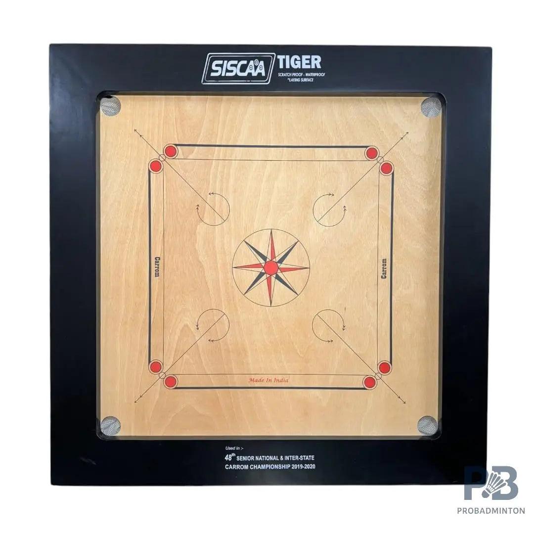 Siscaa Tiger Carrom Board – 4x2 Frame, 20mm Full-Size Scratch-Proof Smooth Finish for Clubs & Resorts.