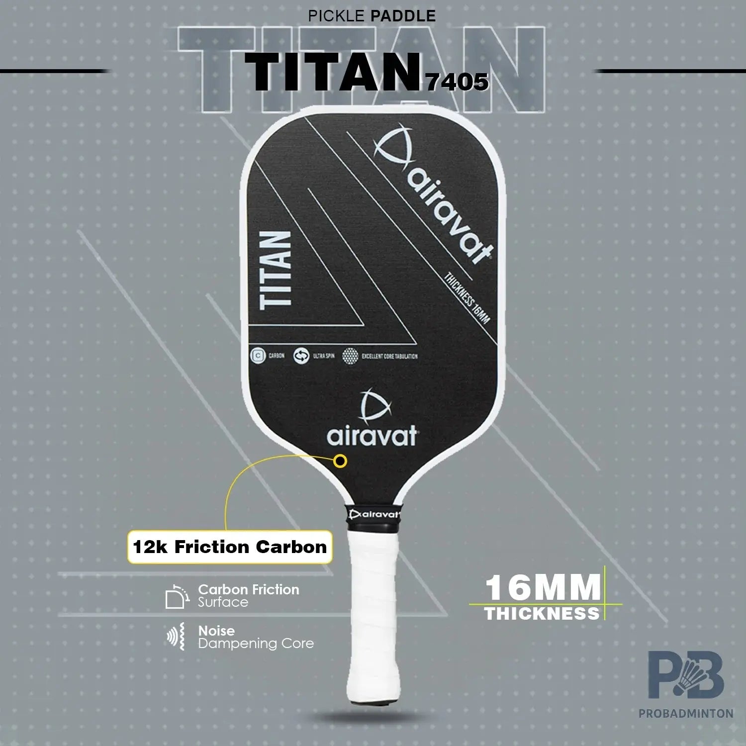 Airavat Titan 7405 Pickleball Paddle | Carbon Fiber Face & Polypropylene Core | Single Paddle | ProBadminton.in.