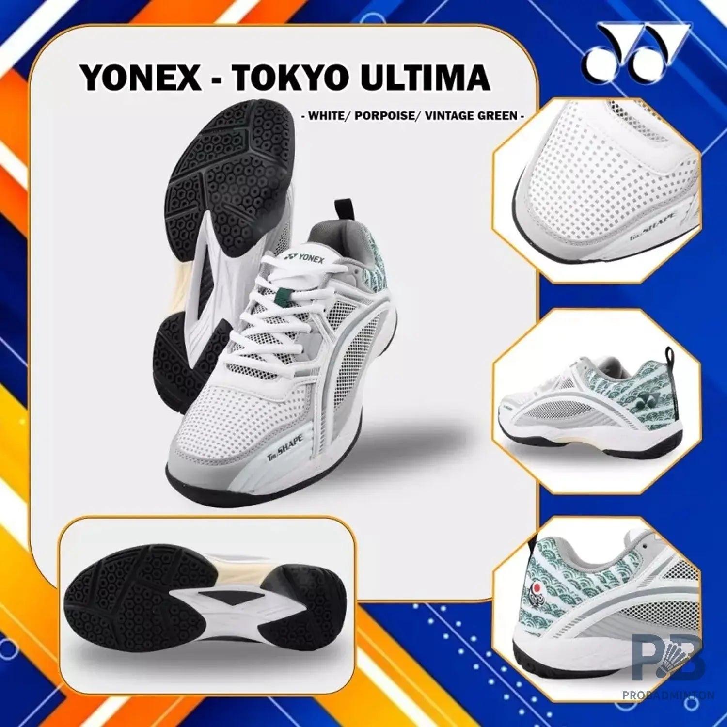 Yonex Tokyo Ultima Badminton Shoes for Men (White/Porpoise/Vintage Green).