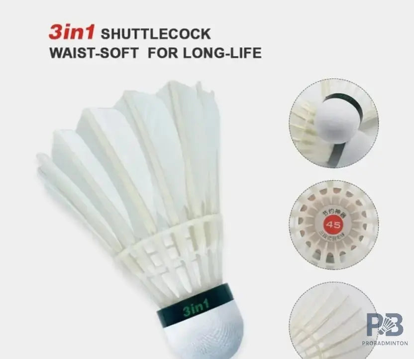 Acers Badminton Hybrid 3 in 1 Shuttlecock D45 – White, Medium Speed (77), Pack of 12.