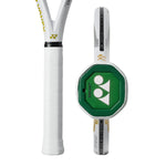 Tennis racket with a green and white head cover on a white background