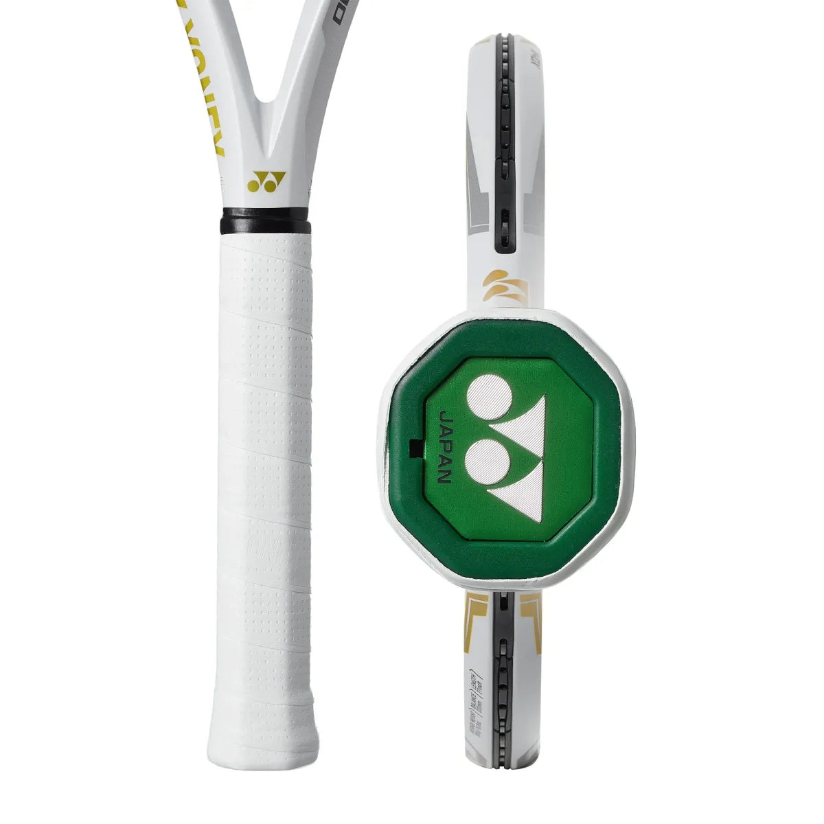 Tennis racket with a green and white head cover on a white background