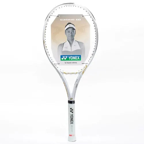 Yonex Osaka EZONE 100 gold and purple tennis racket featuring isometric head and Naomi Osaka design.
