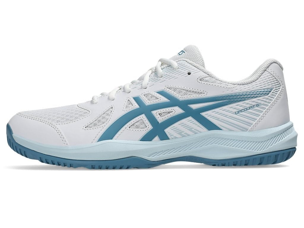 asics men upcourt6 badmnton shoes white saba blu

