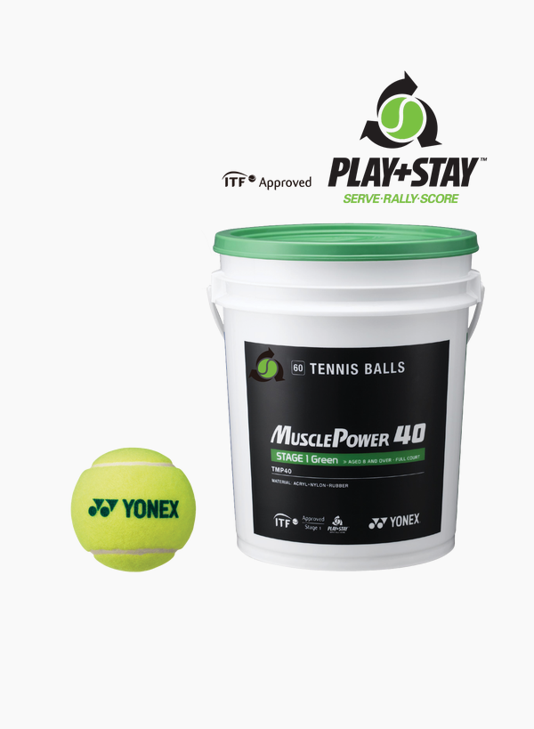 Yonex MUSCLE POWER 40 Green Dot Tennis Balls – Stage 1 Starter Balls (Bucket of 60) | Probadminton.in.