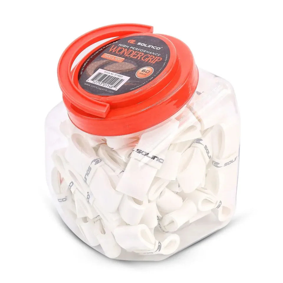 Solinco Wonder Overgrip 60 pack white tennis overgrip with sweat absorption and tacky grip for badminton and squash rackets