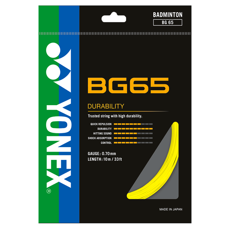 Yonex BG65 Badminton String – All-Round Performance with Durability, 0.70mm (10 m) - BLACK / YELLOW/ ROYAL BLUE/ LAVENDER/ WHITE / VIOLET / ORANGE/ AMBER /